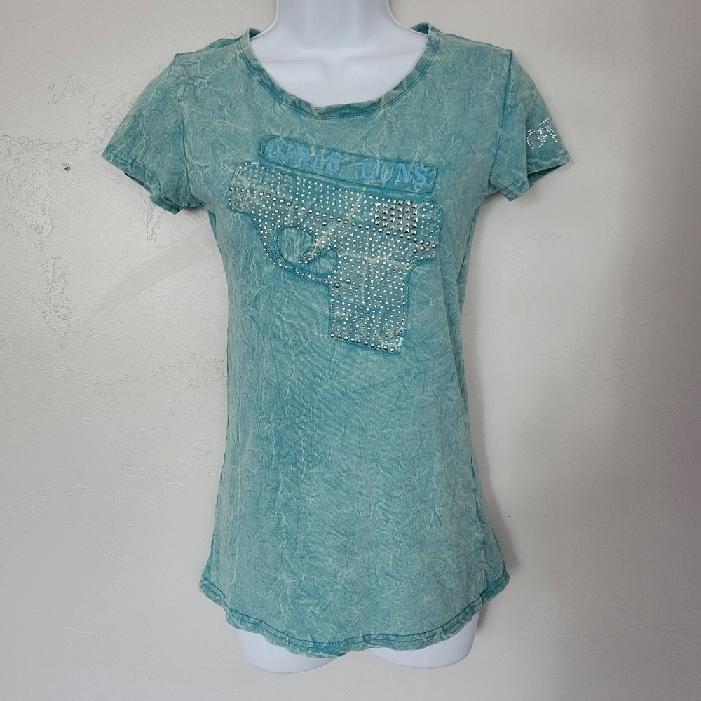 Girls with Guns Women's Medium Blue Short Sleeve Embellished Rhinestone Outdoors